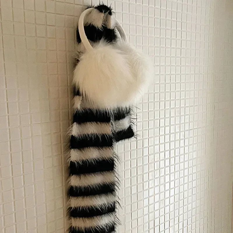 Winter Imitation Mink Plush Striped Scarf Korea Women Y2K Warm Muffler Lolita Japanese Earmuffs Original Design Accessories