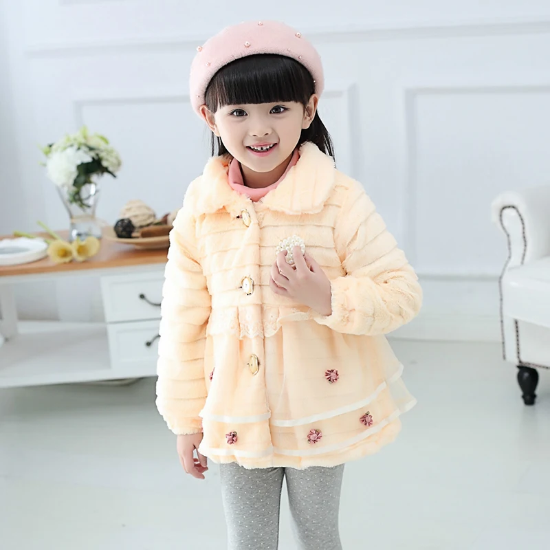 Fashion Kids Faux Fur Coat Autumn Winter Warm Plush Baby Jacket Christmas Cute Floret Lace Princess Outwear Toddler Girl Clothes