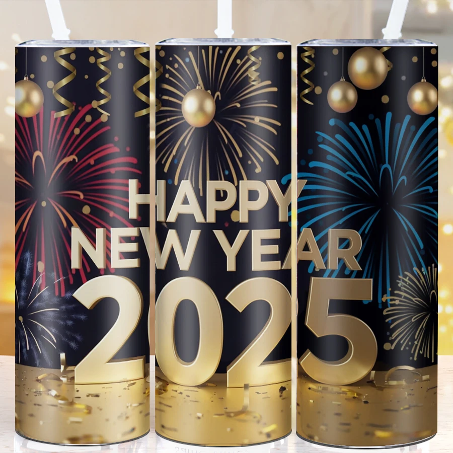 Print 2025 Happy New Year Firework Tumblers Straw Lid 20oz Stainless Insulated Party Mugs New Year Festive Family Coffee Cups