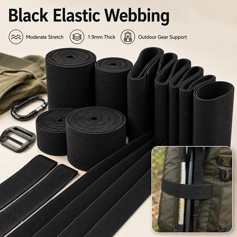 

3/5Meters 10-80mm Black Elastic Band Nylon Webbing Strap for Outdoor Sports Gear Backpack Bungee Cord Camping Sewing Repair Kit