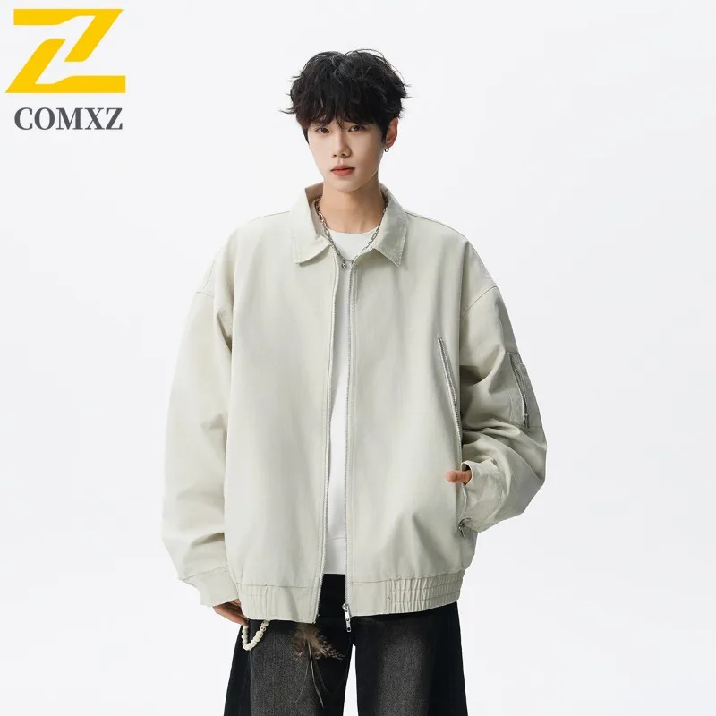 

​​COMXZ Men's 2025 Retro Faded Work Jacket Vintage American Style Loose Fit Distressed Outerwear Urban Autumn Fashion​​ Coat
