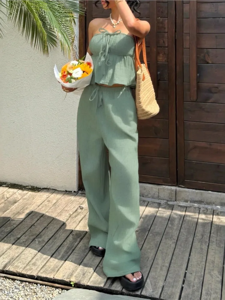 

2025 Casual Two Piece Outfits 2 Pieces Set For Woman New In Matching Sets Simple Style Slim Piglet Breast Solid Color Vacation