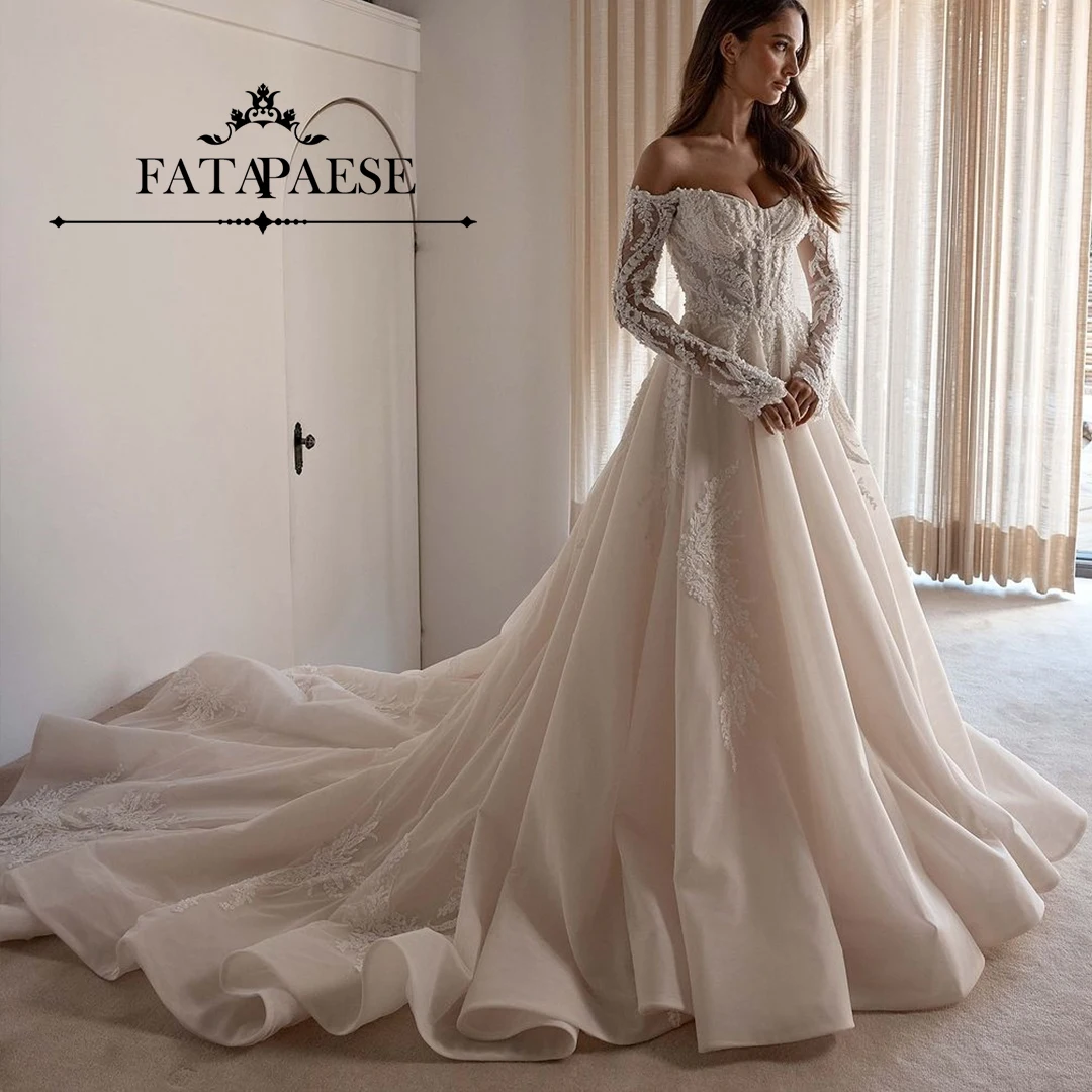 

FATAPAESE Customized Luxury Wedding Dress off-shoulder Beaded Pearl Crystals Strips Bodice Bridal Gown Cathedral Tail Gown