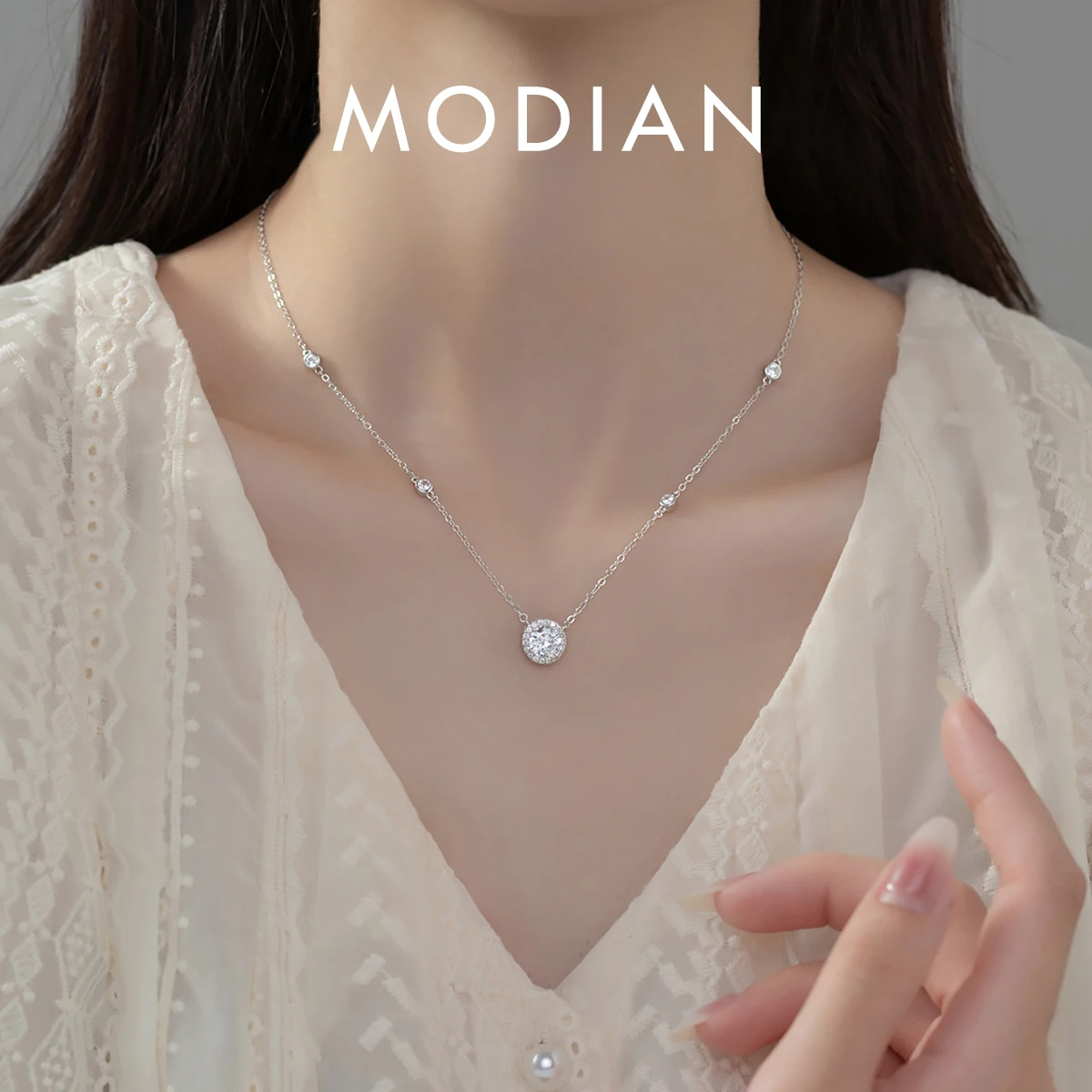 MODIAN 925 Sterling Silver Luxury Sparkling Round CZ Pendant Necklaces Wedding Link Chain Necklaces For Women Fine Jewelry Gifts