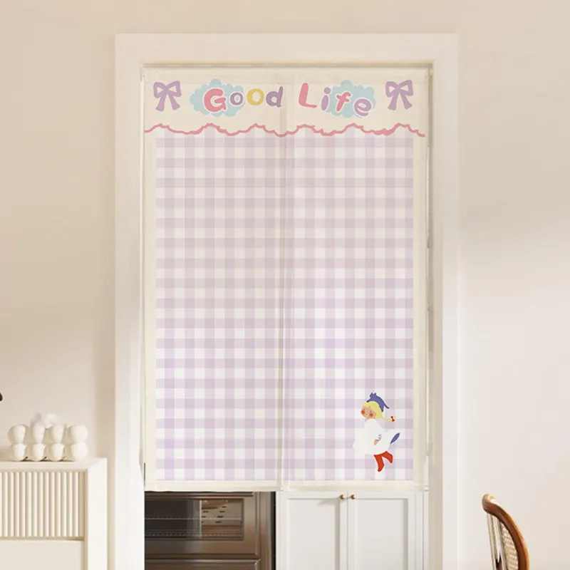VIKAMA Pink Plaid Noren Door Curtain Donut Girl Print Hanging Curtain Kitchen Doorway Partition Sweet Style Home Decor