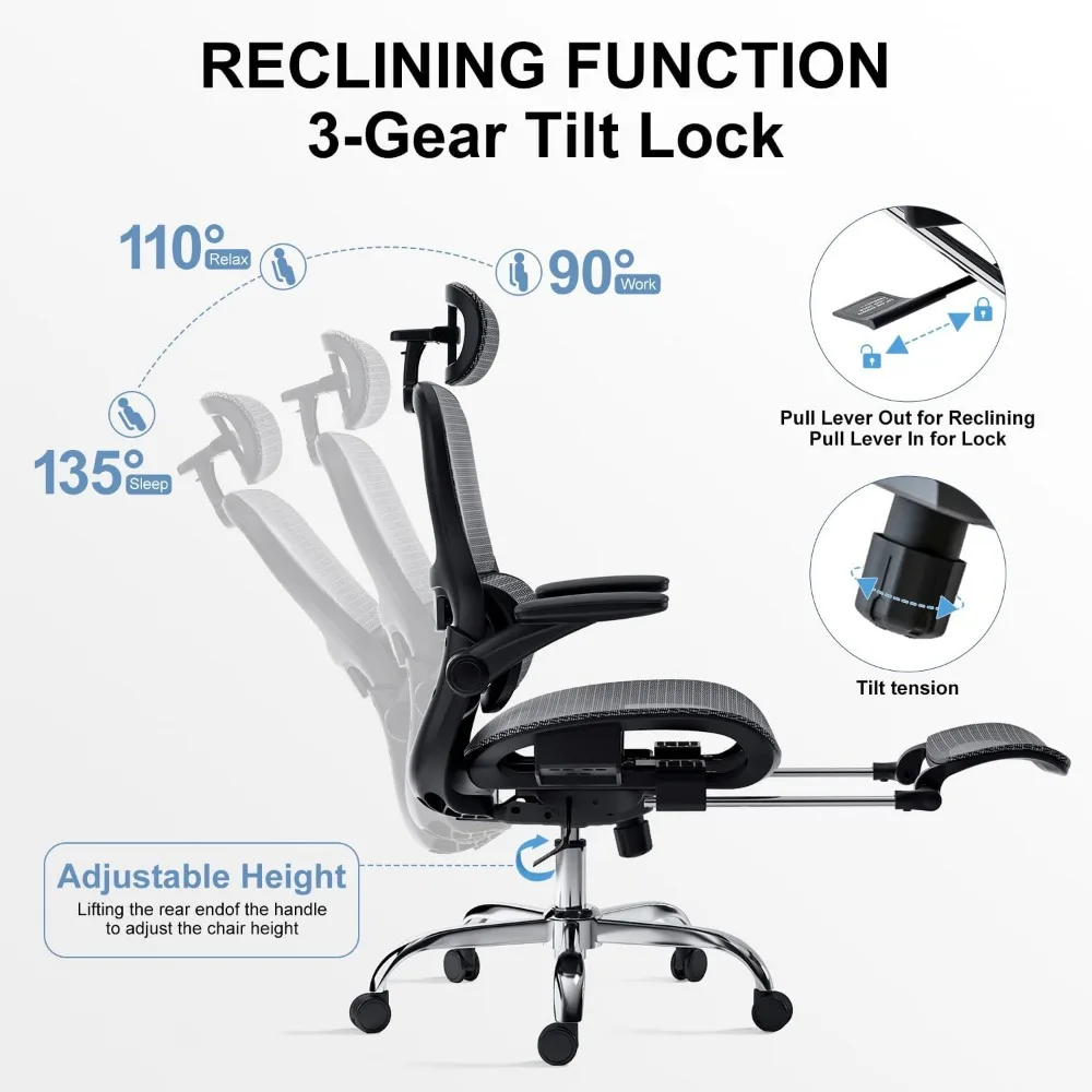 Silla de oficina con función de inclinación, silla de oficina de malla con reposapiés, silla ergonómica con respaldo adaptable, reposacabezas ajustable