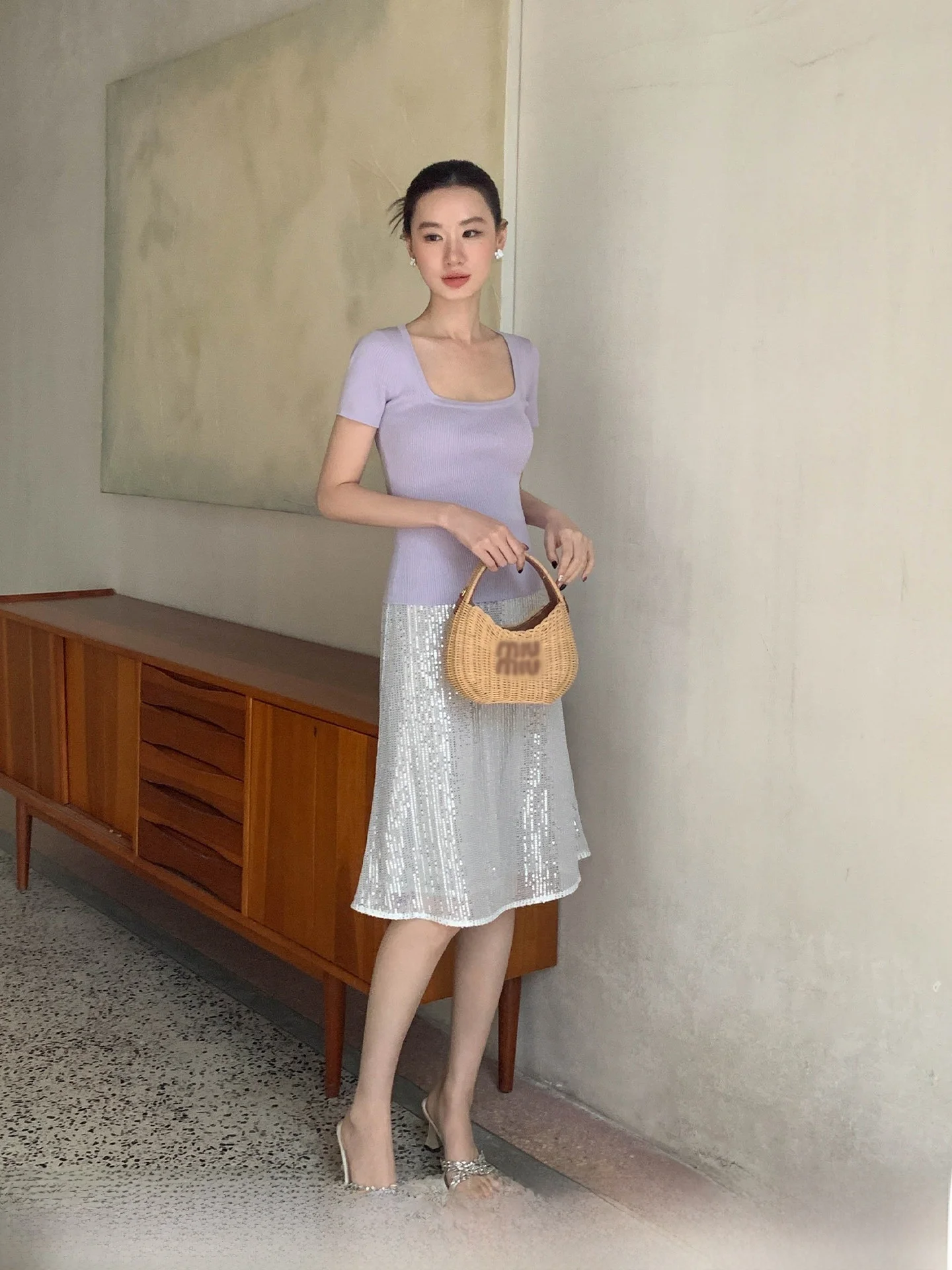 

Юбка-трапеция XXNING с серебряными пайетками и богатой отделкой, женская, с завышенной талией, облегающая, элегантная, из полиэстера