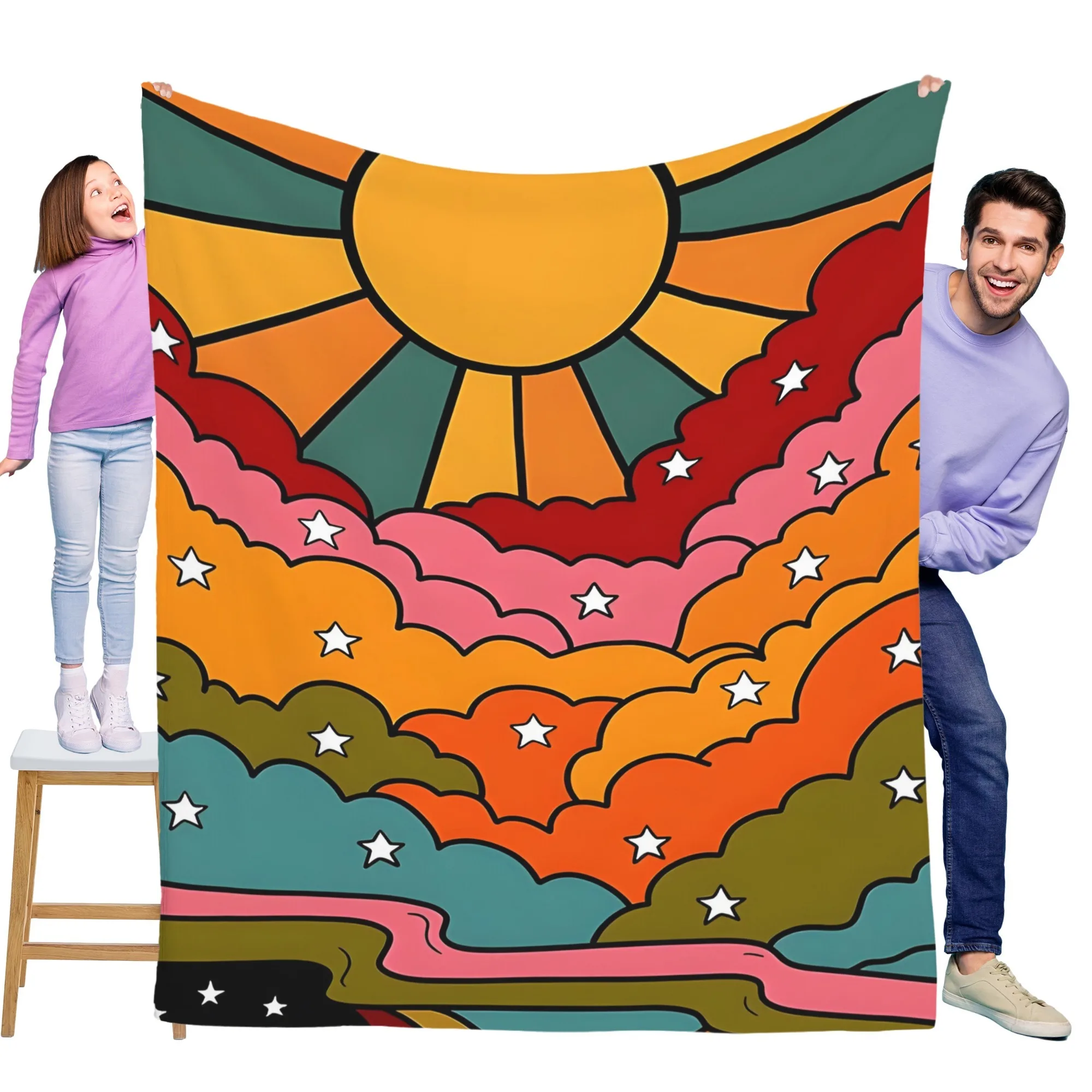 

Psychedelic retro sun clouds starry sky flannel blanket soft and warm, perfect for sofas, beds, offices, and travel