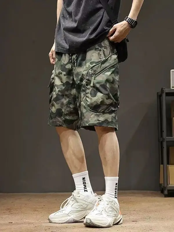 

Летние тонкие американские камуфляжные рабочие шорты для мужчин из ледяного шелка, быстросохнущие, свободные, для активного отдыха, длиной до колена, спортивные, пляжные шорты