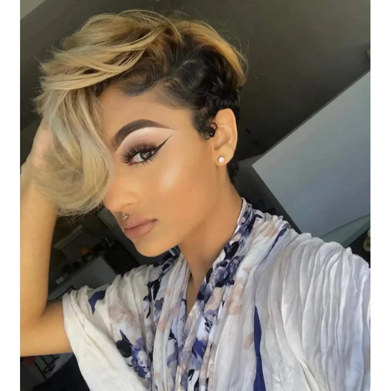 BeiSDWig Synthetic Short Pixie Cut Hair Wigs with Long Wavy Bangs Ombre Blonde Wigs for Black/White Women Curly Hairstyles