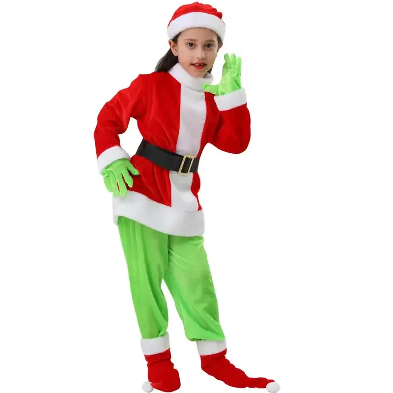 أزياء سانتا لعيد الميلاد للأطفال والكبار، قناع أخضر للوحش، بدلة الهالوين، زي بوريم