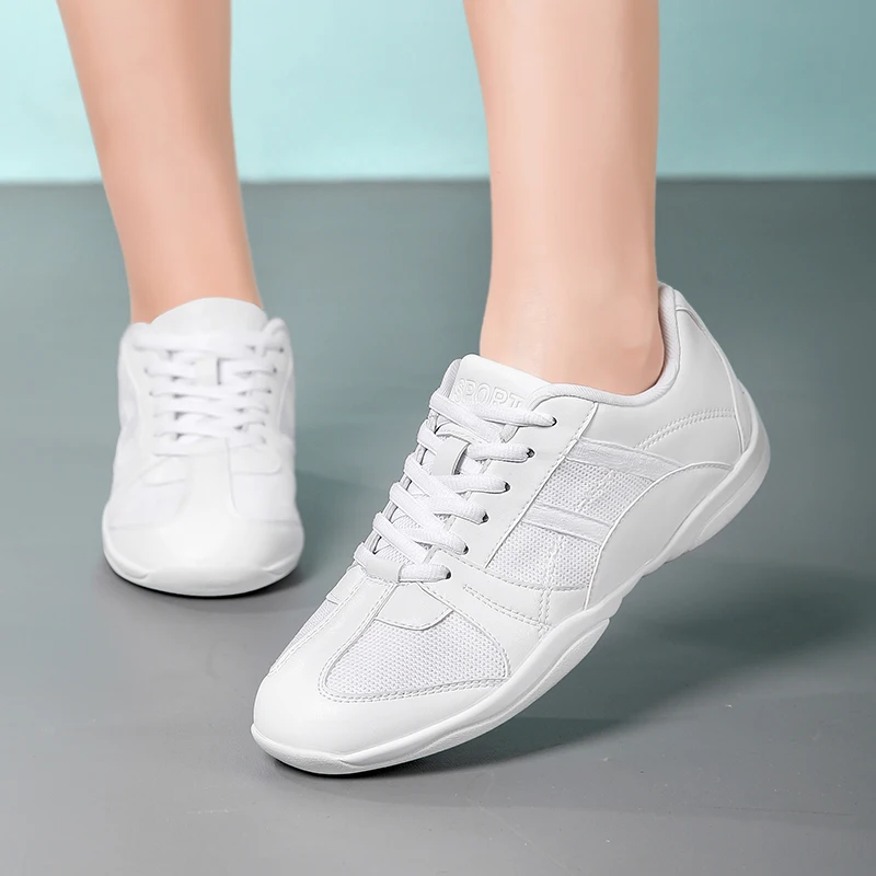 

All White Patchwork Upper Women Cheerleading Shoes Flat Non Slip Training Sneakers for Performance J0052