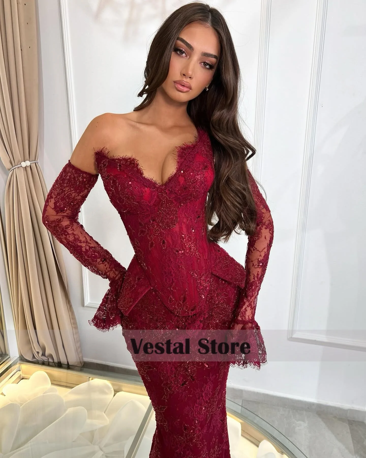 Vestal Off Shoulder Lace Evening Dress Mermaid Long Sleeves Sequin Formal Wedding Party Gown Vestidos De Noche Customized