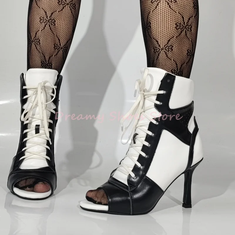 Black White Mixed Colors Stiletto Ankle Boots Women Lace Up Open Toe Round Toe Short Boots Fashion Trendy Party Runway Shoes New