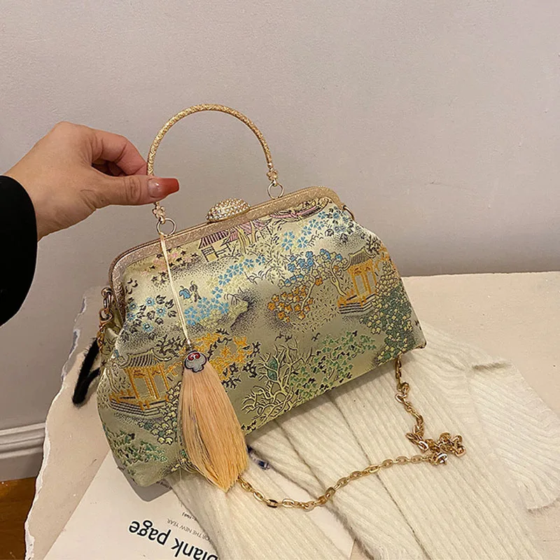 

Chinese Style Hanfu Evening Bag For Women Vintage Print Tassel Clutches Metal Handle Handbags Wedding Party Chain Shoulder bag