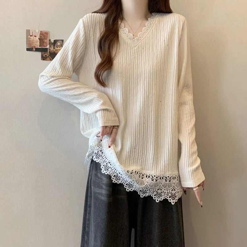 2026年春新作 レディース 長袖Tシャツ キラキラレース パッチワーク Vネック 韓国風 ルーズフィット カジュアルシックブラウス