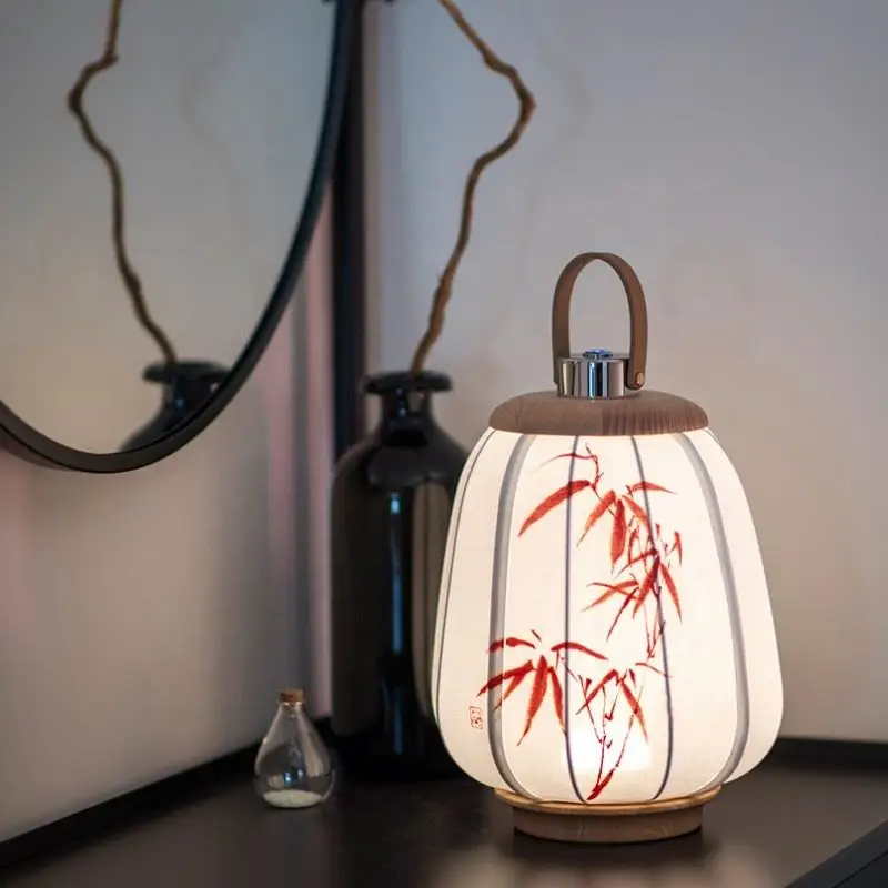 

Lantern desk lamp hand painted touch retro luminous wood linen wireless Chinese style