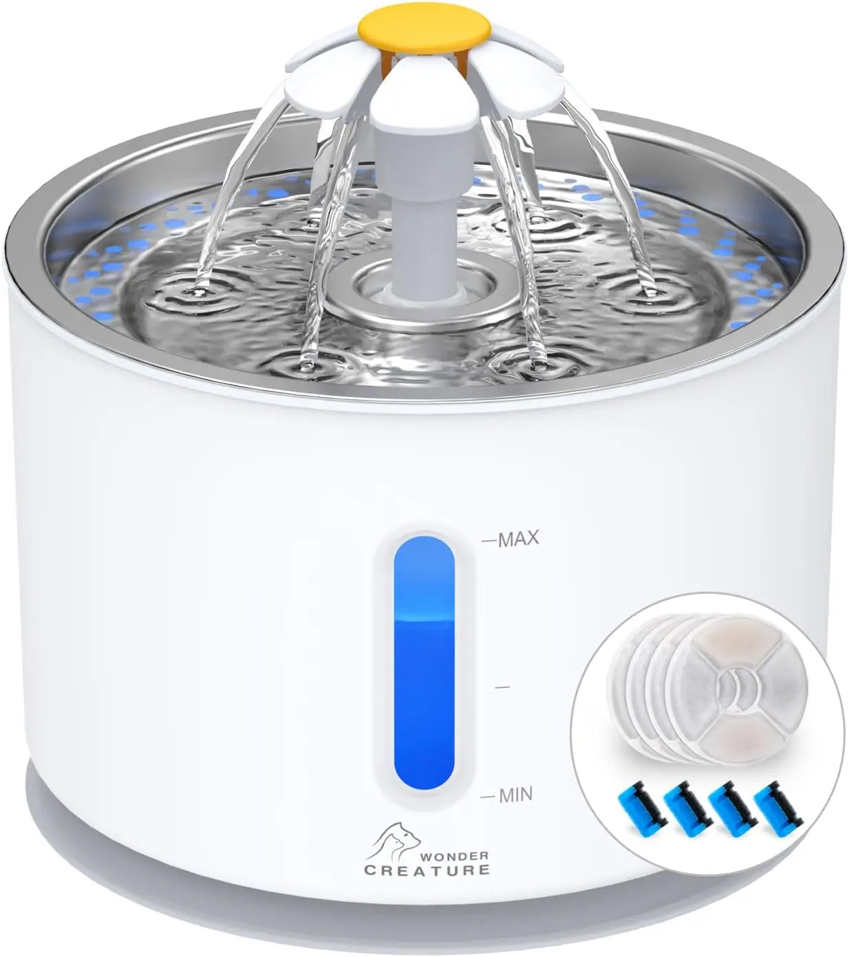 

Фонтан для кошек с крышкой из нержавеющей стали, автоматический фонтан для кошек 2,4 л/81 унций с 4 фильтрами и 4 губками, светодиодной подсветкой и