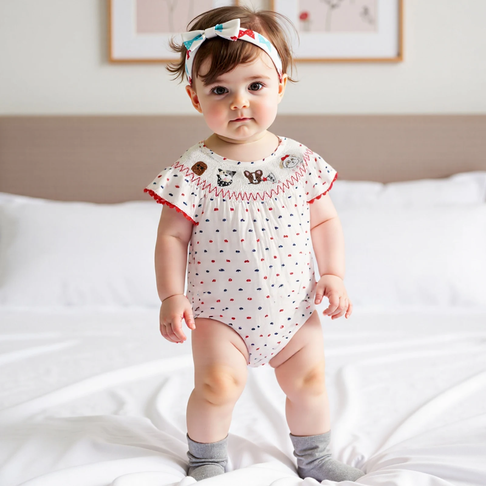 

Summer Baby Jumpsuit Newborn Cute Clothing for Baby Girls Casual Dot Print Animal Embroidery Fly Sleeves Toddler Infant Romper