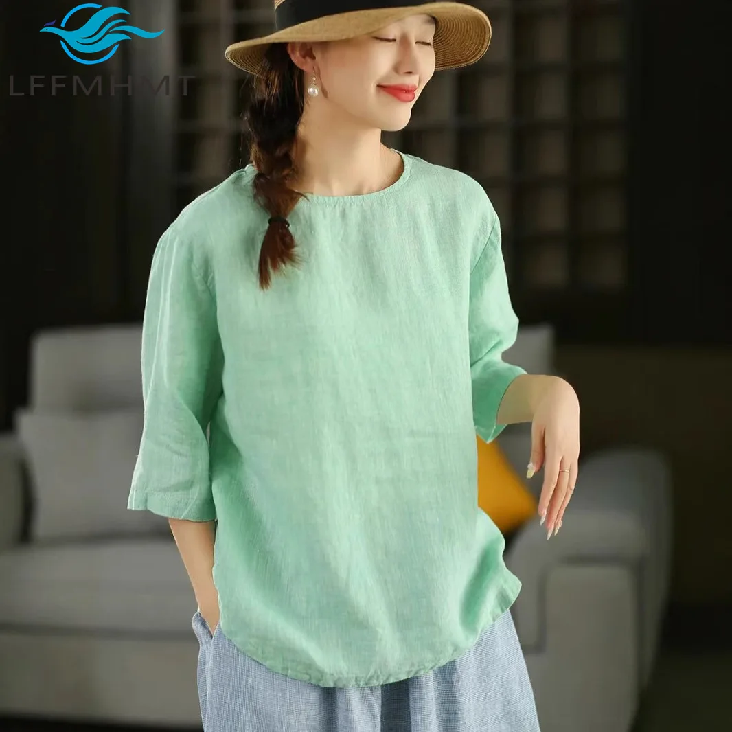 Summer Fashion Good Quality Solid Color 100% Linen T-shirt Women's Three Quarter Sleeve O-neck Loose Casual Breathable Tops