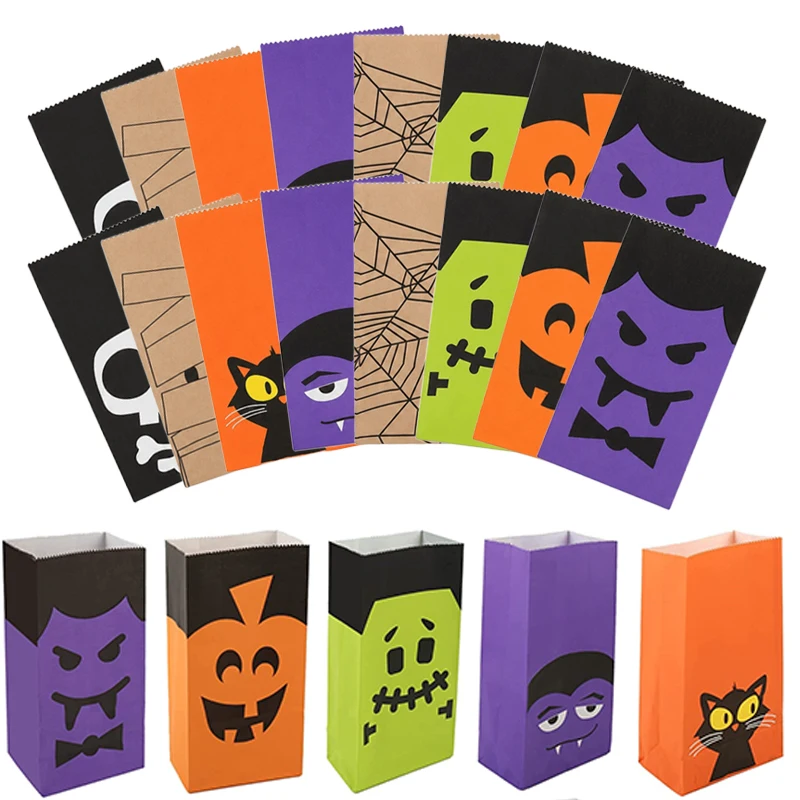 8/16/24PCS Halloween Paper Gift Bags Pumpkin Ghost Cat Mummy Skull Bat Spiderweb Party Trick or Treat Event Package Giveaway ZYF