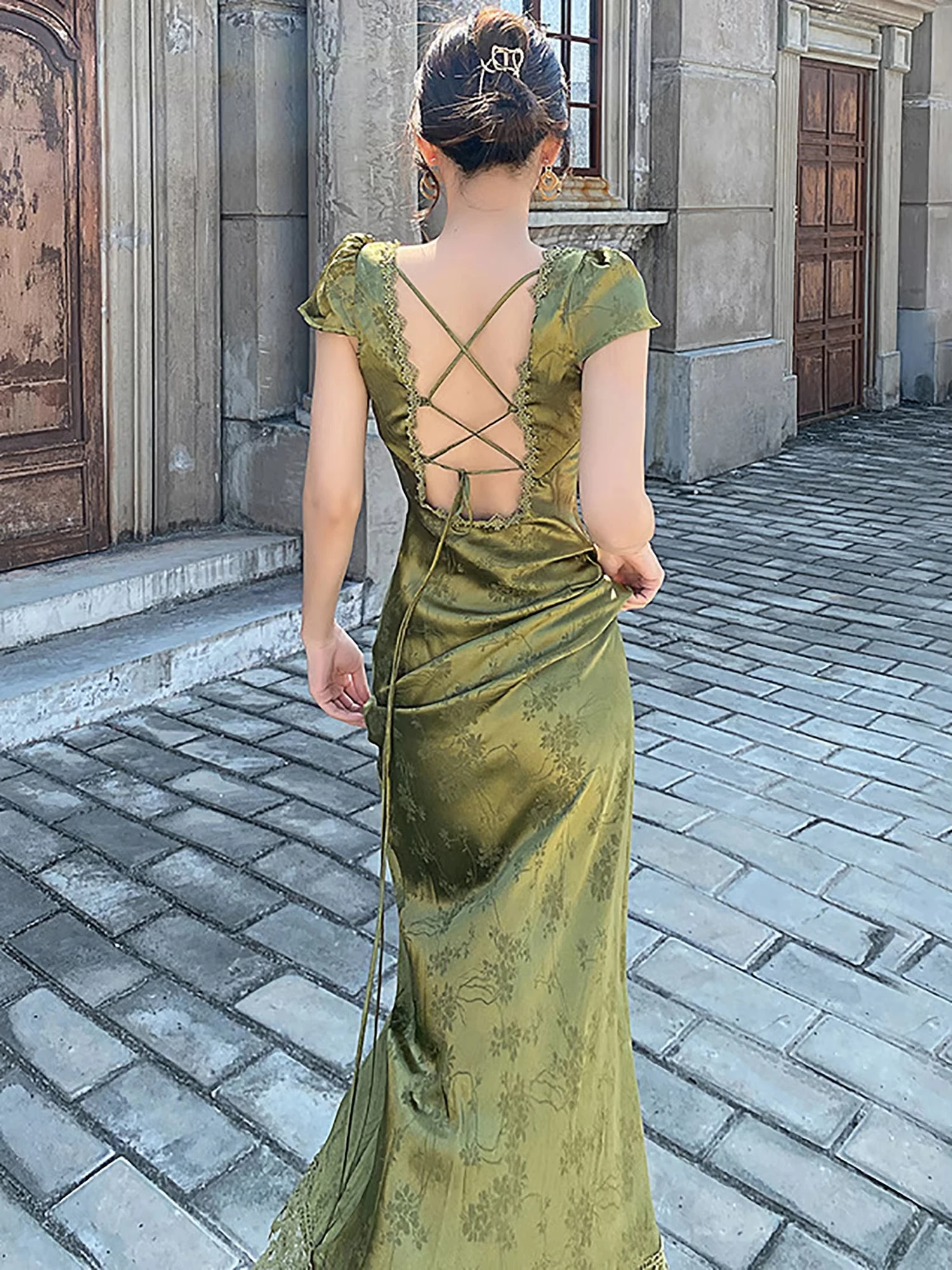 2026 New Summer Women's Long Dress Turquoise Green V-neck Backless Satin Jacquard Slim Elegant Party Evening Sexy Female Dresses
