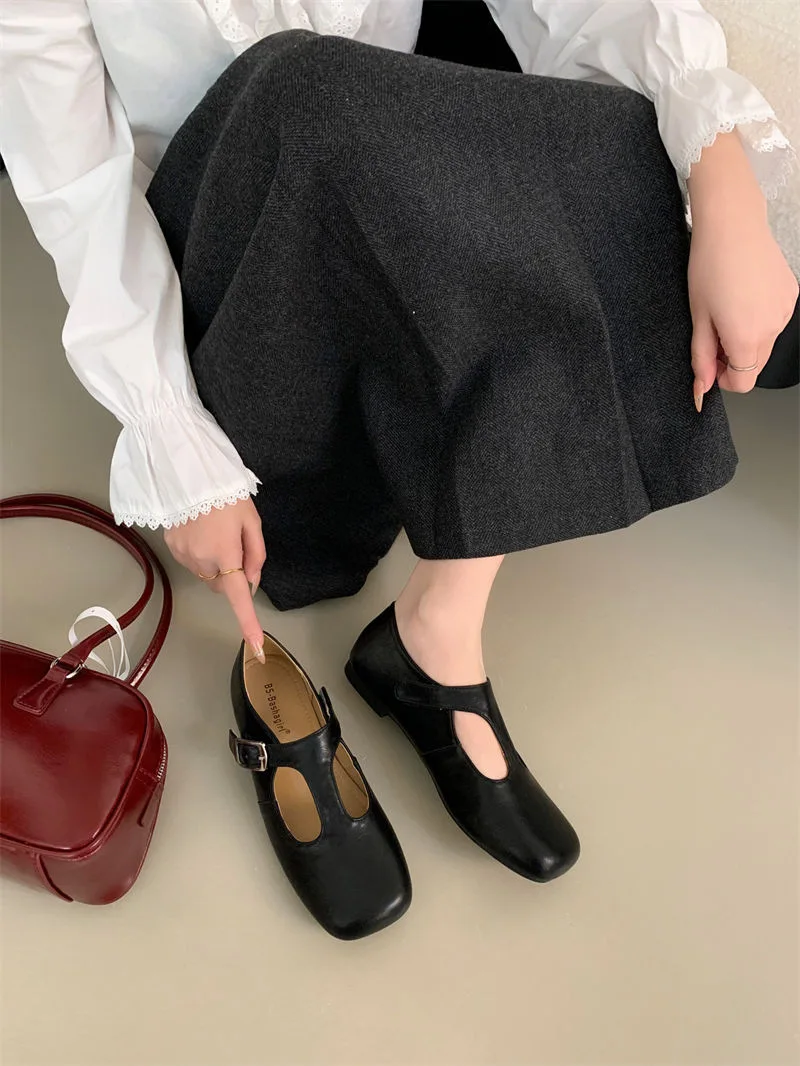 

IPPEUM/женские балетки на плоской подошве, черные винтажные балетки из искусственной кожи с квадратным носком и пряжкой