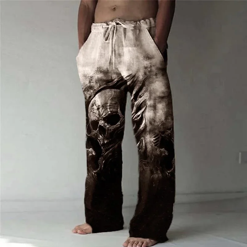 Zomer Nieuwe Schedelprint Heren Casual Broek Comfortabele Bamboe Linnen Materiaal Losse Wijde Pijpen Broek Dagelijks Trekkoord Stijl