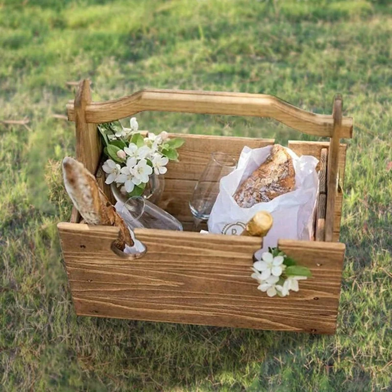 Wooden Outdoor Folding Picnic Table, Convertible Storage Wooden Basket, Natural Travel Camping Equipment Easy Install