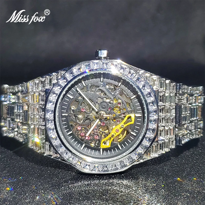 Relógio esqueleto de luxo com baguette bezel pulseira mecânica masculino relógios de pulso marca superior diamante gelo fora novos relógios