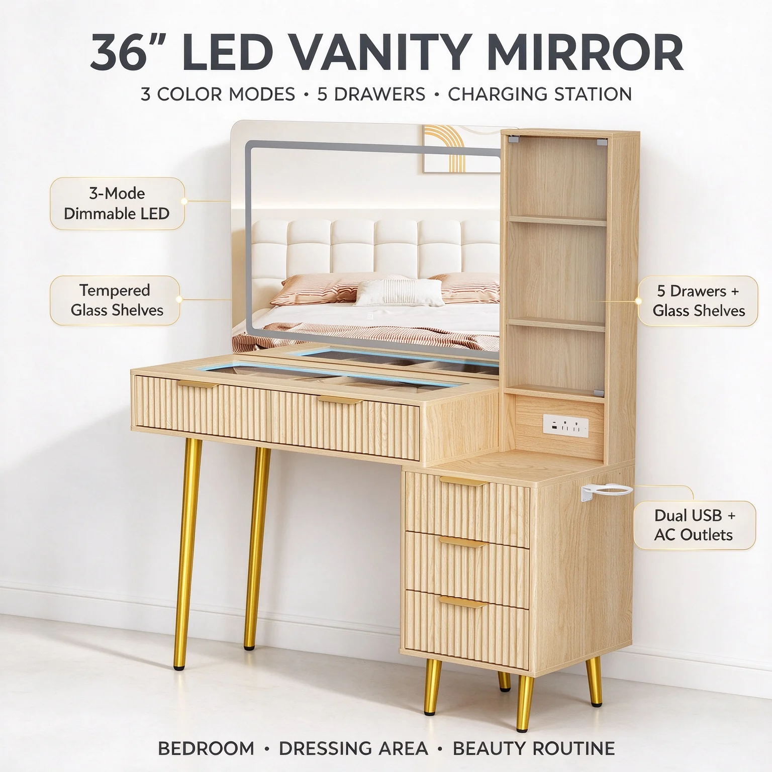 Modern Fluted Makeup Vanity Desk with 36