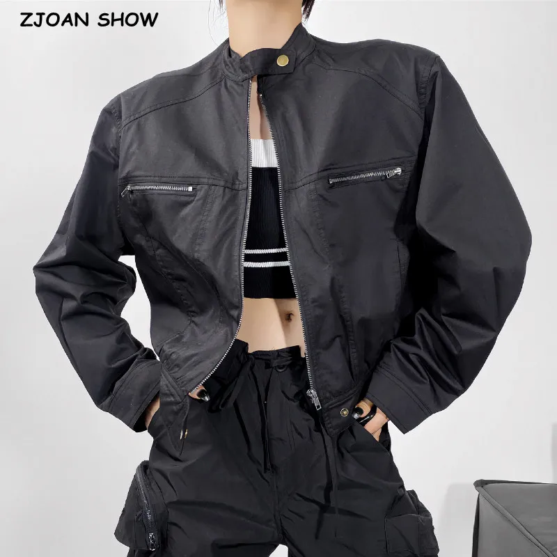 2023 Autumn Safari Jackets Fashion Women Front Zipper Pockets Collarless Cotton Coat Loose Bomber Short Outerwear