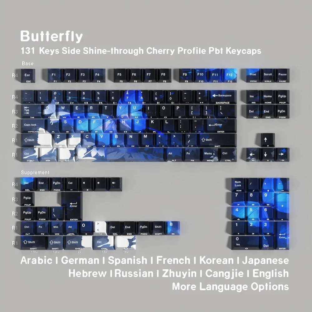 Butterfly Keycaps Dye-Sub PBT Side Light South-facing Cherry Profile Spanish French German Hebrew For Mechanical Keyboard