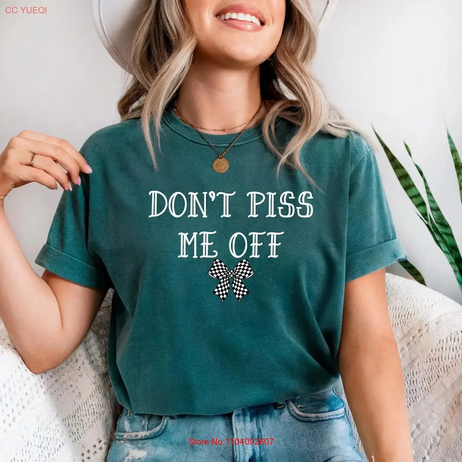 Women's Sarcastic T shirt Don't Piss Me Off Funny Alternative Style Checkered Bow Best Friend for Her Trendy Oversized vintage