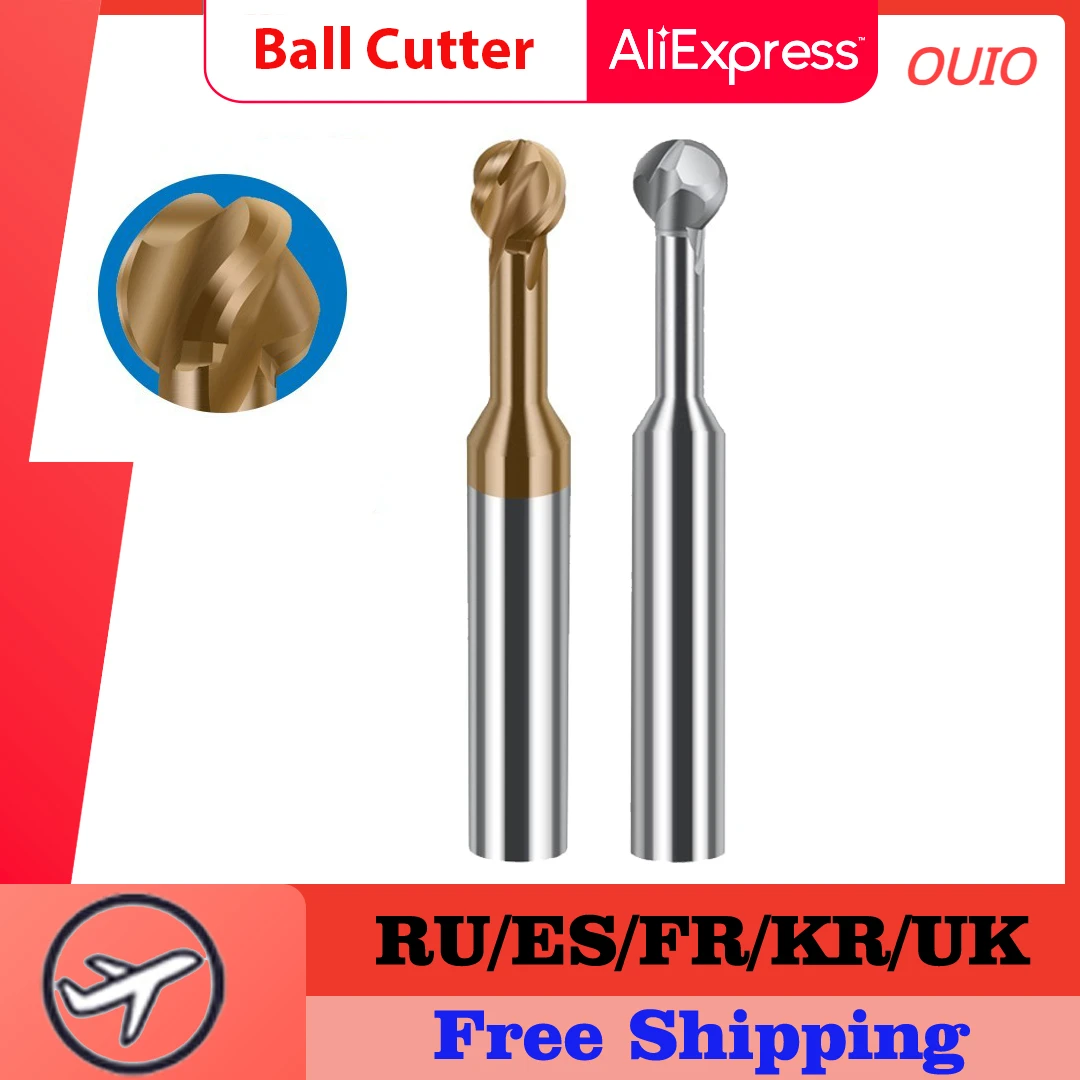 OUIO Tungsten Coated Lollipop Ball Cutter Alloy for Aluminum Arch Ball End Milling Cutter Forming Milling  RBall Cutter R0.5-10