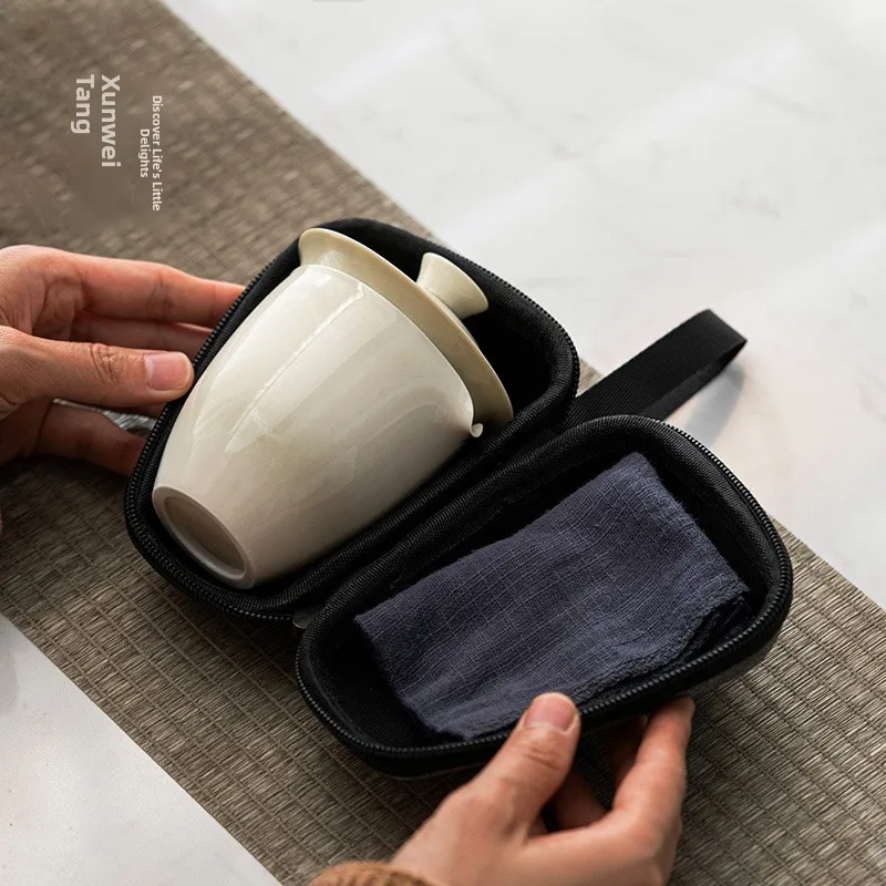 

Portable Travel Ceramic Tea Set Grey Glaze Handbag Style Easy to Carry Carried Outdoors Camping Picnic Lightweight Design