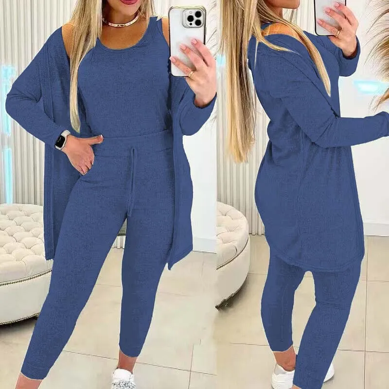 Women\'s Three-piece Pant Set Causal Nightgowns High Stretch Comfortable Jacket + Vest Top + Pants Suit 2024 Autumn Winter Home