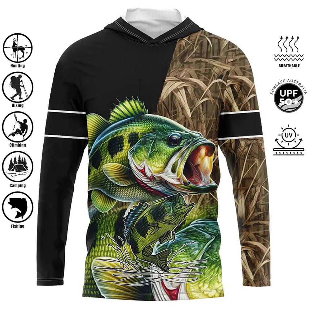 2024 Fishing Shirts Hooded Shirt Uv Protection Man Outdoor Fashion Print Moisture Wicking Fishing Apparel Tops