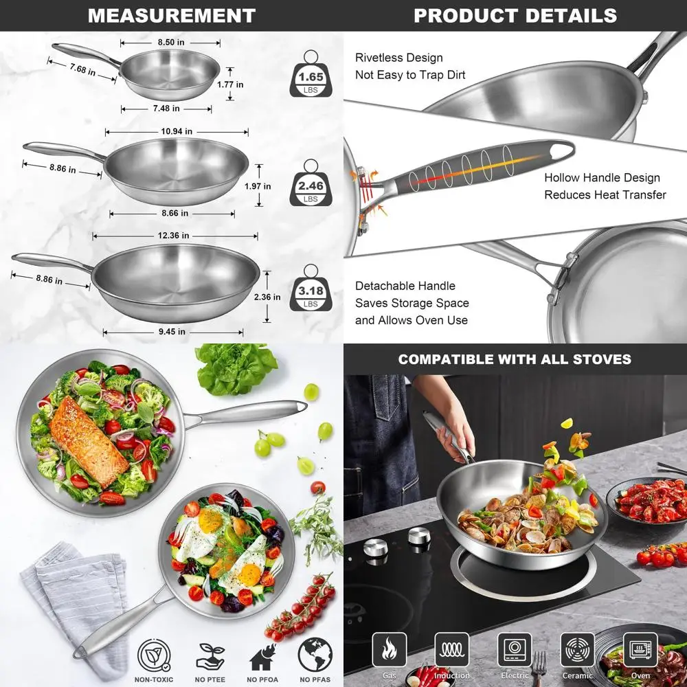 

Triple-Layer Stainless Steel Frying Pan Set, 8, 10, 12 Pans, PFOA-Free, PTFE-Free, Induction Compatible, Oven and Dishwasher Saf