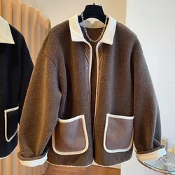 2024 Spring Autumn Female Lamb Wool Outwear Ladies Loose Fit Large Size 4XL Coat Korean Women Fashion Splicing Together Jacket