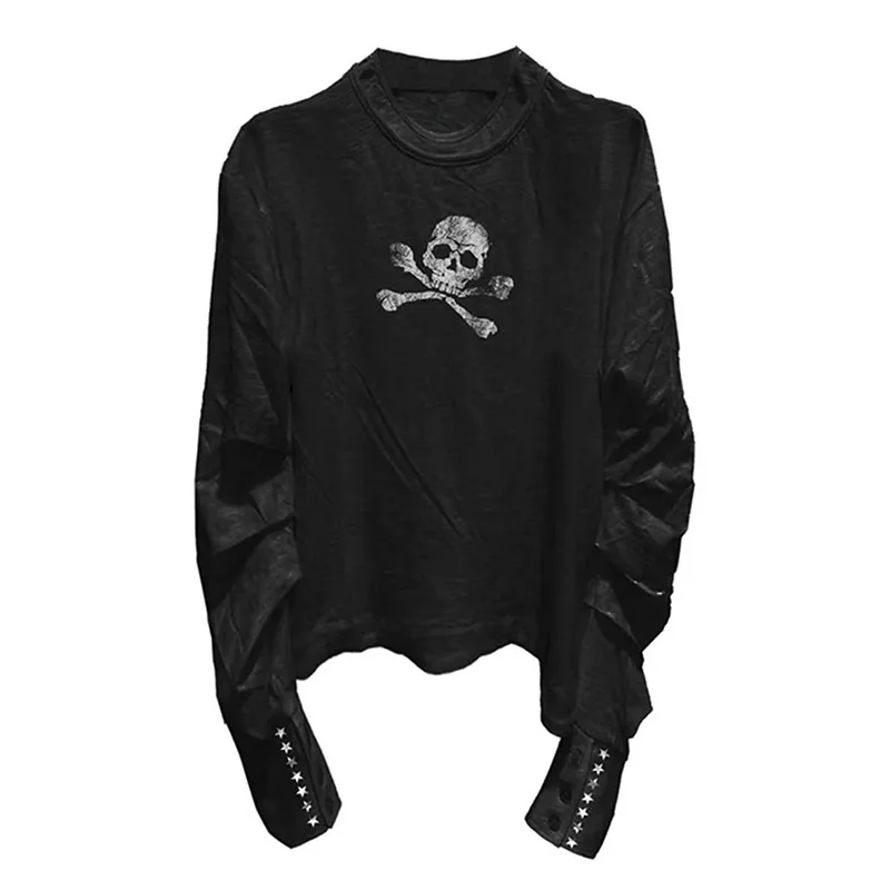 American Retro Dark Style Long Sleeve T-Shirt Round Neck with Skull Prints Decorated Buttons Spice Girl Theme 2026 Fashion New