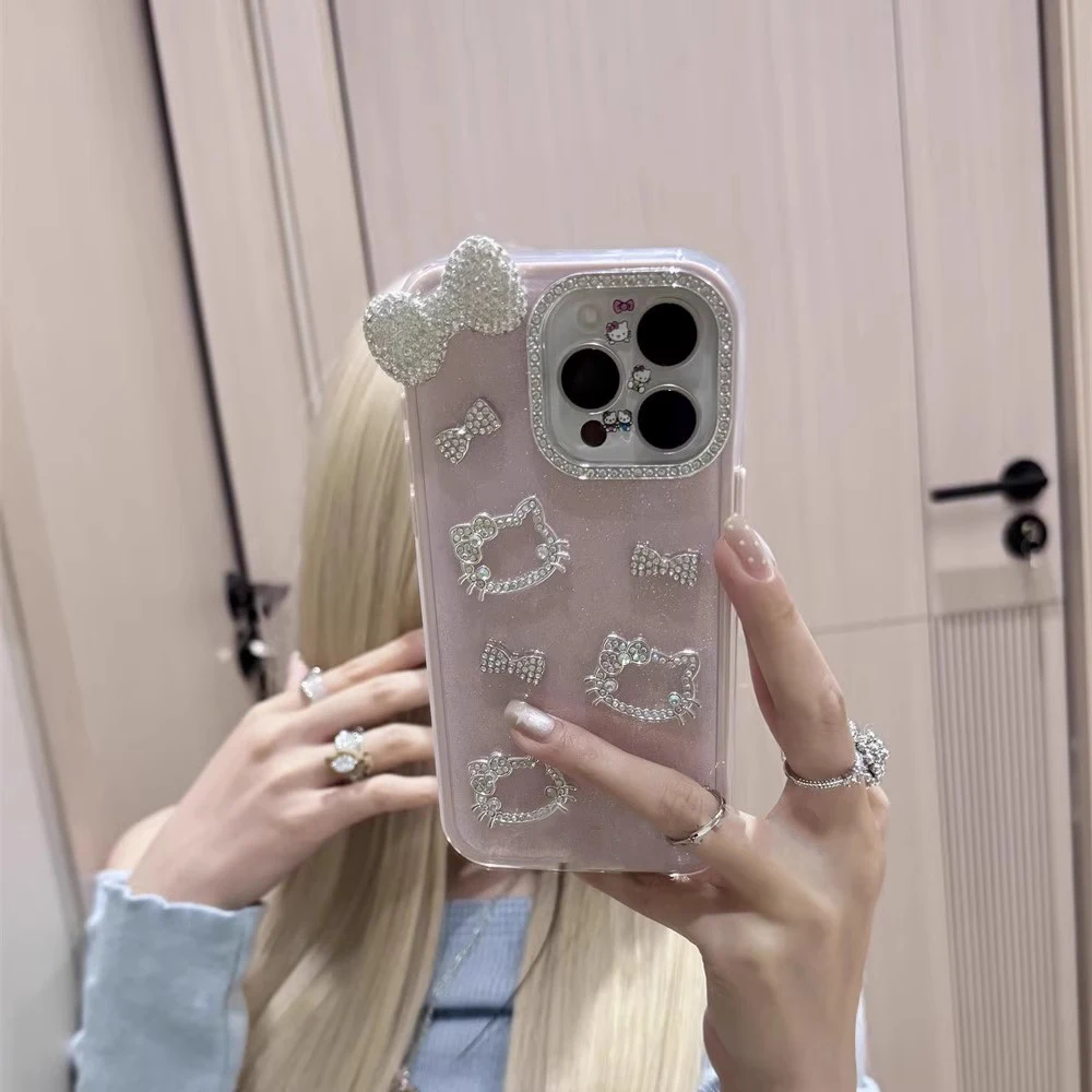 

Чехол Bling Glitter 3D Cute Cartoon Sanrio Hello Kitty BowPhone для iPhone 17, 16, 15, 14, 13, 12, 11 Pro Max, задняя крышка ярких цветов