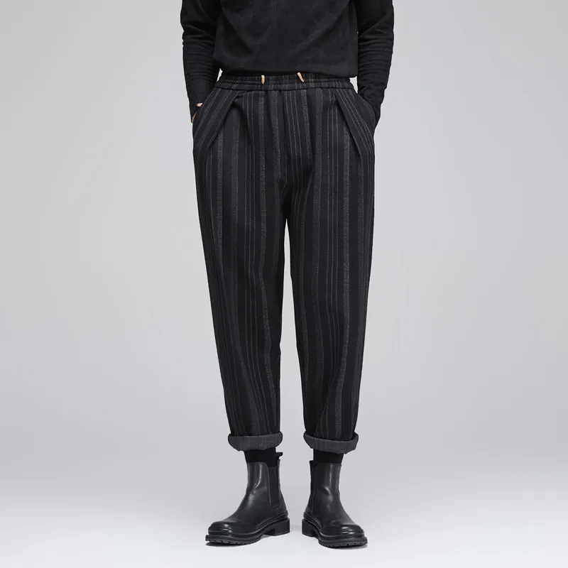 High Quality Autumn and Winter Woolen Pants Men's Casual Straight Thickened Draping Effect Striped Trousers