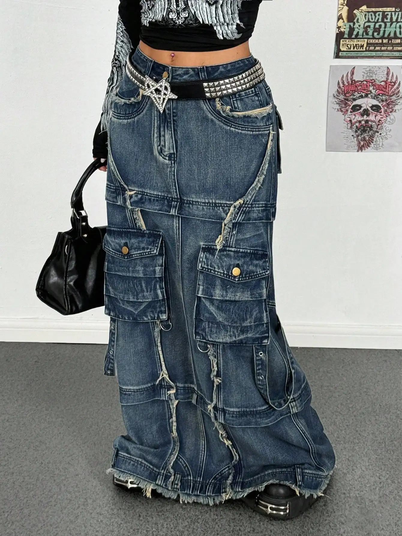 

Джинсовая юбка больших размеров для женщин с эффектом потертости, множеством карманов и рваным краем, в стиле панк-стритвир