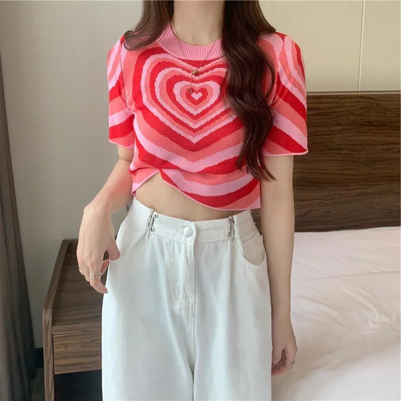 Fashion Knitted Tops Women Korean Style Summer Short Sleeve Love Shape Cute Jumper Spicy Girl Round Neck Sexy Crop Tops Pullover