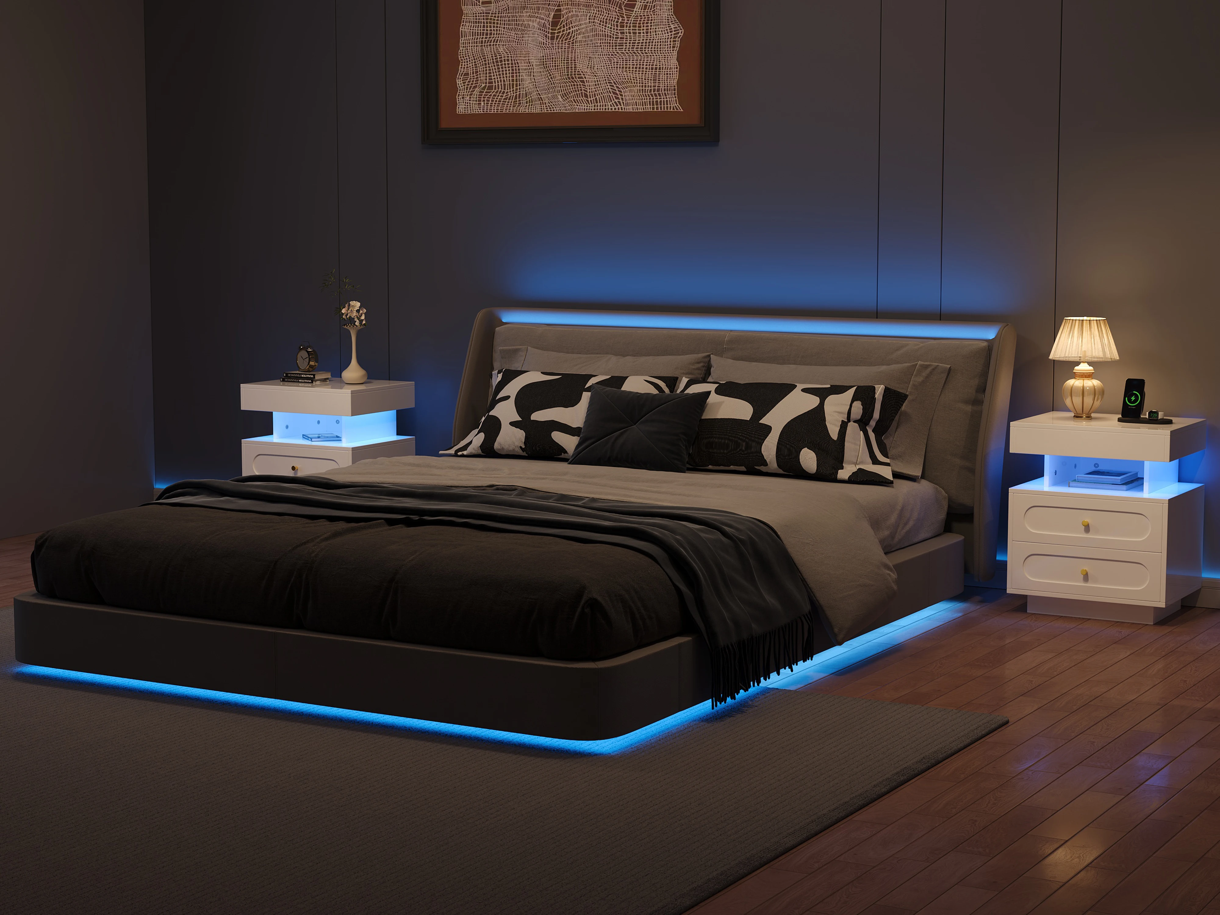 PINGGO LED-Nachttisch, 2 Stück, mit 2 Schubladen, 1 offener Stauraum, weißer Nachttisch, Größe 100 x 40 x 60 cm, Schlafzimmermöbel – Detail 1