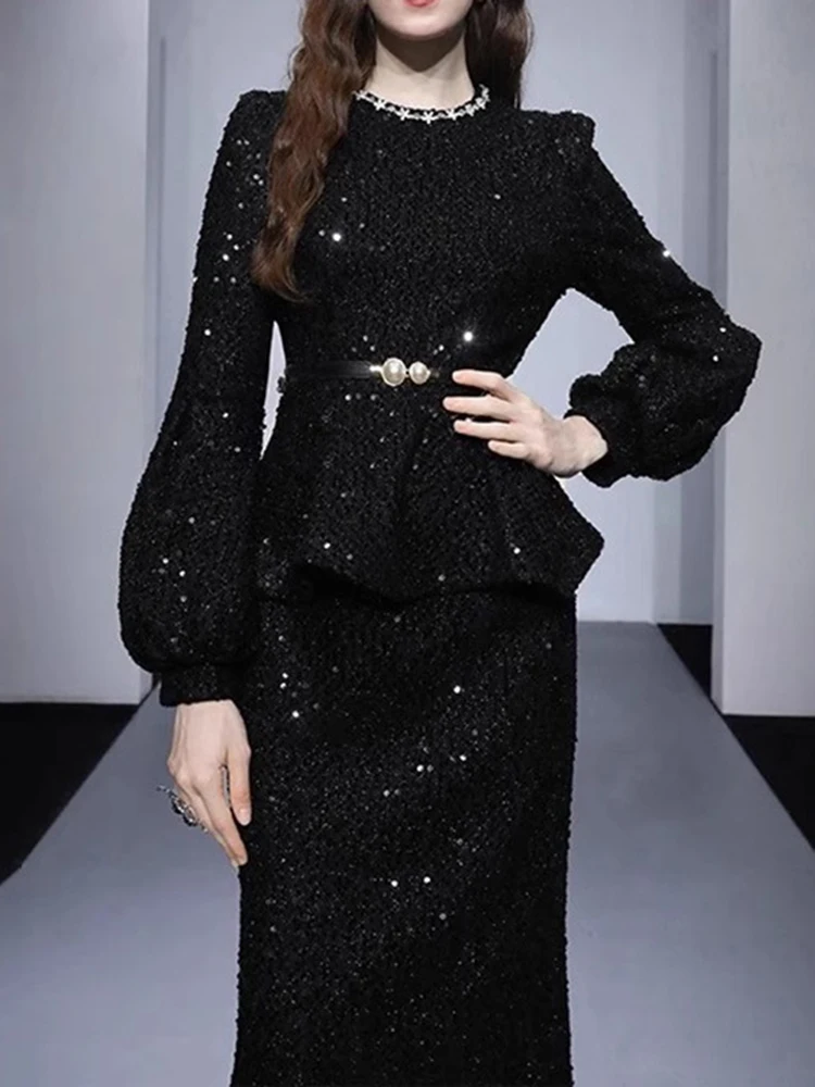 

Elegant Skirt Two Piece Set Spring Women Sequined Diamond Long Sleeve with Belt Top+High Waist Knee Length Skirt Autumn Outfit