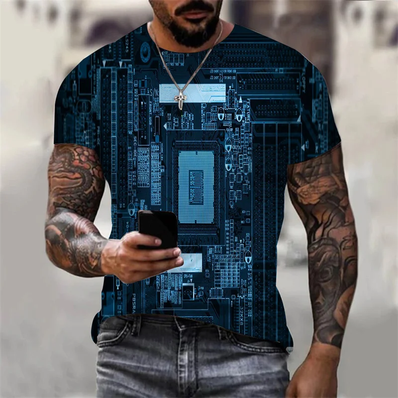 Circuit Board Electronic Chip CPU Graphic T Shirts for Men Clothing Tee Shirts 3D Print Motherboard Mainboard Short Sleeved Tops