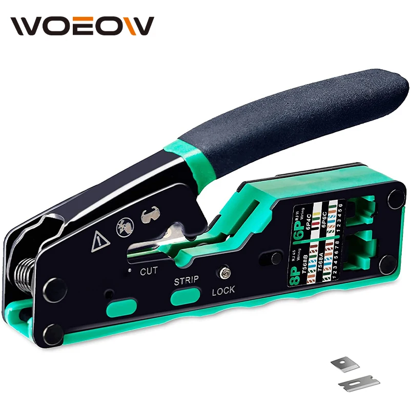 

WoeoW RJ45 Crimp Tool Kit Pass Through Cat6 Crimping Tool For Cat5 Cat5e Cat6 8P8C Connector, All-in-one Ethernet Crimper