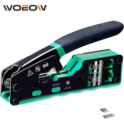 WoeoW RJ45 Crimp Tool Kit Pass Through Cat6 Crimping Tool For Cat5 Cat5e Cat6 8P8C Connector, All-in-one Ethernet Crimper